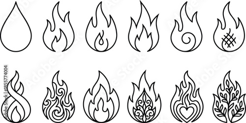 Flame icon set, fire symbols collection, abstract line flames, decorative energy shapes, black and white outline vector illustration design pack