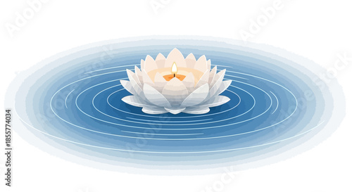 Serene Floating Candle on a Peaceful Water Lotus Blossom Illustration for Meditation and Relaxation