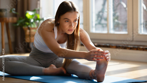 Focused Young Woman Yoga Stretch: Home Fitness, Flexibility & Wellness Practice