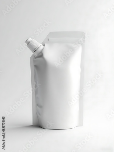 White Stand-up Refillable Beverage Container with Twist Cap on Smooth Light Gray Background