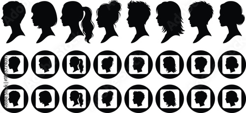 Human profile silhouette icons set, male and female head shapes, hairstyle variety, avatar collection, identity concept, vector illustration
