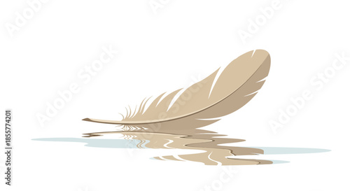 Serene illustration of a single feather gently floating on water with reflected ripples in soft