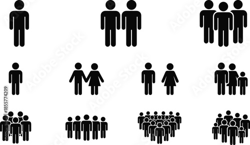 People and group icon set, human figures, family and crowd symbols, minimal black silhouette collection, vector illustration