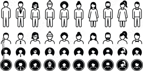 People avatar icon set, male and female characters, outline and filled profile symbols, modern UI design, vector illustration