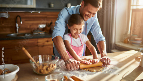 Father Daughter Baking Cookies in Kitchen: Happy Family Moments, Learning to Cook, Creating Sweet Memories.