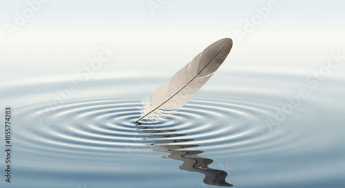 serene image of a single feather floating on calm water creating gentle ripples