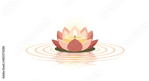 Serene lotus flower candle floating on water with ripples for relaxation and meditation