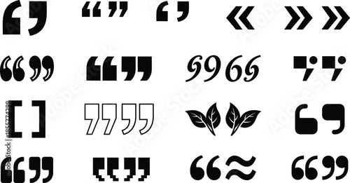 Quotation marks and punctuation icon collection, black and white quote symbols, typography elements, editorial design set, vector illustration