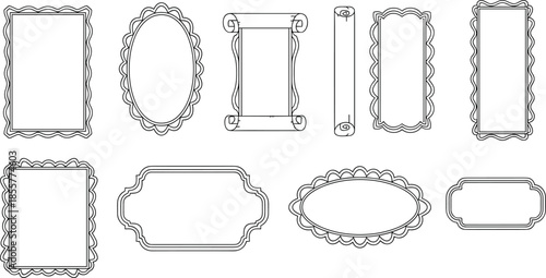 Vintage decorative frame set, ornate label borders and scroll frames, classic outline designs for branding and print, vector illustration