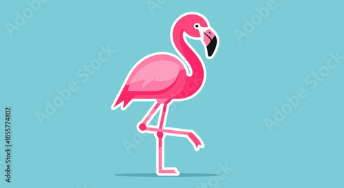 Stylized Cartoon Illustration of a Pink Flamingo Standing on One Leg Against a Blue Background