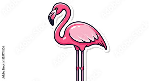 Stylized cartoon illustration of a pink flamingo standing gracefully with vibrant colors and