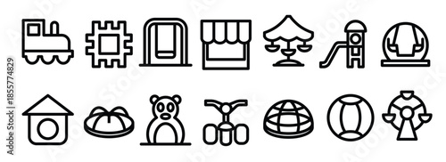 playground line icons including shop puzzle carousel