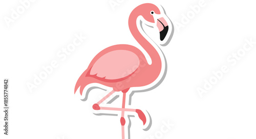 Stylized cartoon illustration of a pink flamingo standing on one leg with a white background