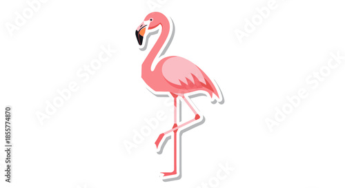 Stylized cartoon illustration of a pink flamingo standing on one leg with a white background