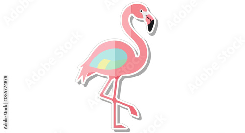 Stylized cartoon illustration of a pink flamingo standing on one leg with vibrant colors and