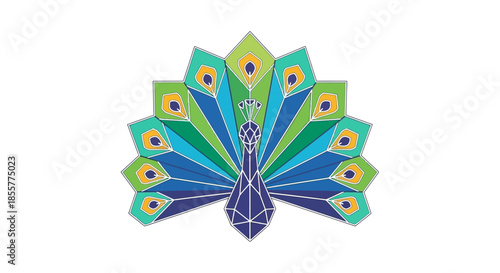 Stylized geometric peacock illustration with vibrant colors and intricate feather design for