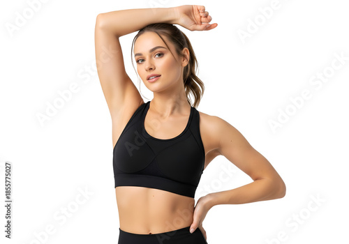 Woman in sports bra poses on transparent background The concept of diet, health and fitness