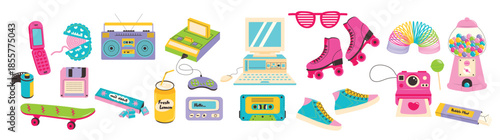 Retro 80s 90s clipart set. Cute y2k glamour fashion patches, badges, emblems, stickers. Modern flat cartoon style.