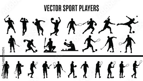 Comprehensive collection of professional black sports player silhouettes including tennis, baseball, and cricket athletes in various active motion poses.