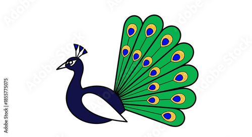 Stylized illustration of a colorful peacock with vibrant tail feathers and elegant feathers on head