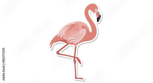 Stylized illustration of a pink flamingo standing on one leg with a playful expression