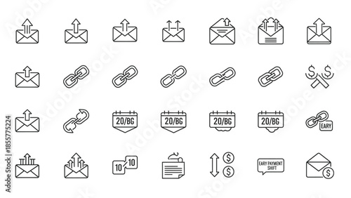A comprehensive set of line icons depicting various digital communication and business concepts including email, links, calendar, settings, and financial transactions.