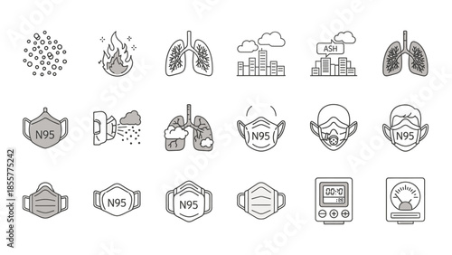 A collection of line icons depicting air pollution, respiratory health issues, and N95 protective masks.
