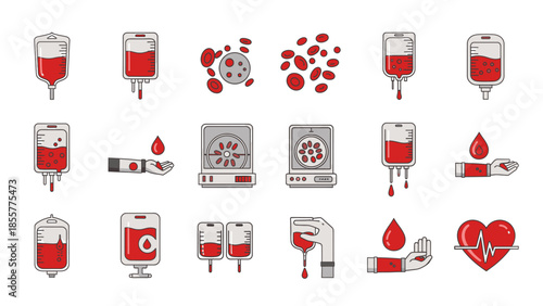 A collection of medical icons illustrating blood donation, transfusions, and laboratory analysis, featuring blood bags, cells, centrifuges, and test tubes.