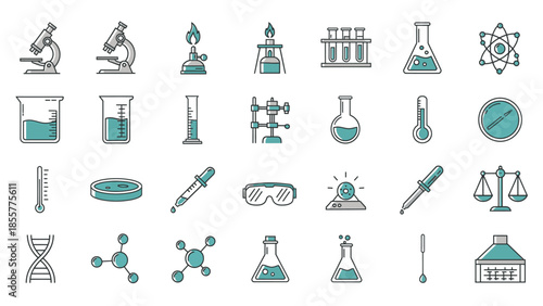 A comprehensive collection of scientific laboratory equipment and chemistry icons, featuring various tools and apparatus for research and experimentation.