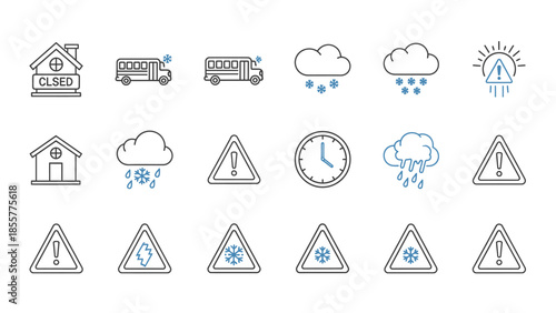 Collection of weather warning and winter condition line icons including snow, rain, closed signs, school buses, and general hazard warnings.