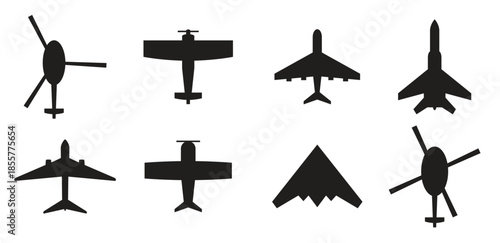 set of isolated black icons on a theme planes and helicopters