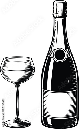 Elegant vintage style drawing of a sparkling wine bottle and a filled stemmed glass