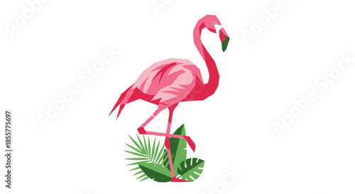 Stylized pink flamingo standing on one leg amidst tropical green foliage on a white background