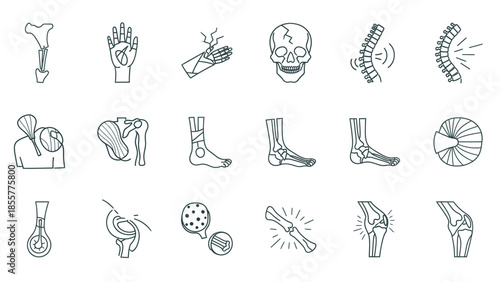 Line art icons depicting various human skeletal system parts, bone injuries, joint problems, and orthopedic conditions.