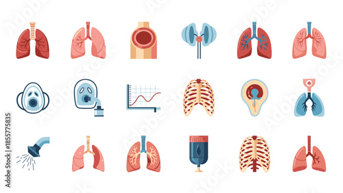 A collection of flat icons representing the human respiratory system and related medical treatments.