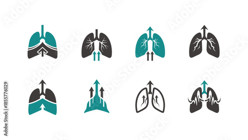 A collection of eight stylized lung logos or icons, featuring arrows to represent breathing, respiration, and health, in teal and dark grey colors.