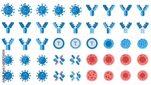 Collection of various human immune cells, viruses, and blood components.