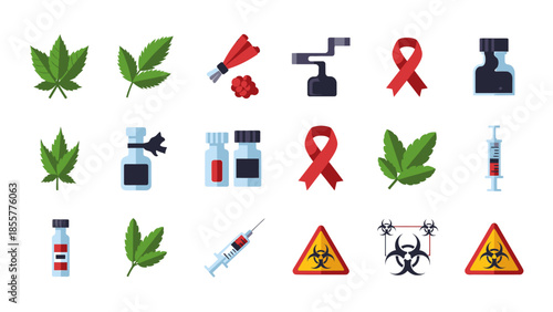 A collection of flat vector icons depicting various health, medical, drug, and hazard-related items on a white background.