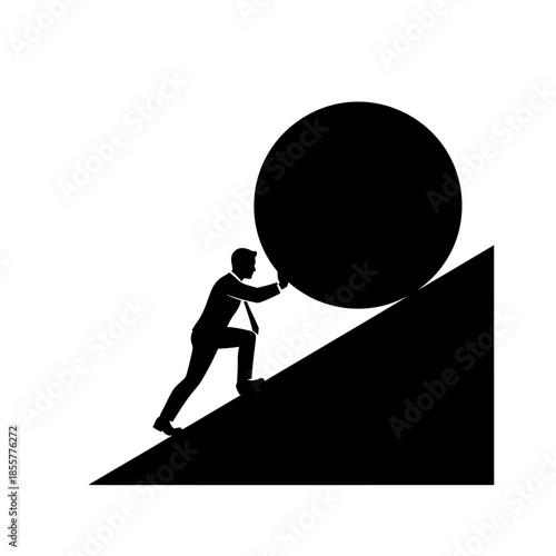 Businessman pushing large ball up a steep hill, symbolizing hard work and determination
