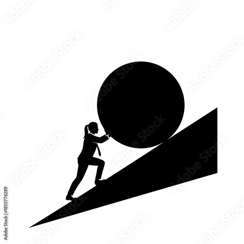 Determined businesswoman pushing large ball up steep incline