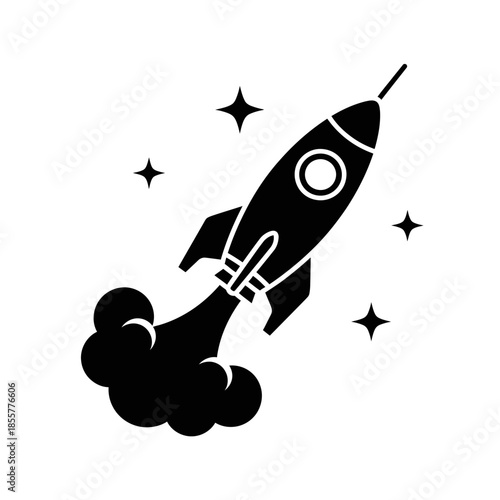 Stunning black rocket ship launching into space with smoke and stars