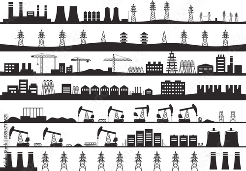 Industrial energy landscape, oil refinery silhouette, power plant illustration, electricity transmission towers, energy production factory, heavy industry infrastructure vector