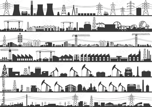 Industrial factory silhouette, oil refinery vector, power plant illustration, energy production infrastructure, heavy industry landscape, electricity and petroleum design