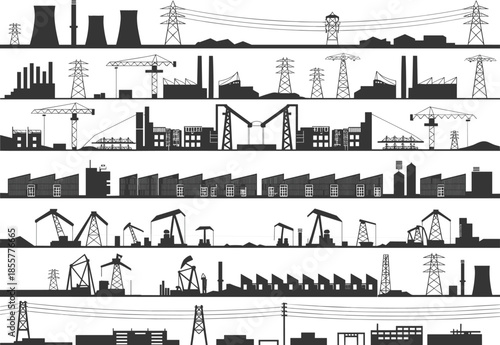 Industrial factory landscape, power plant illustration, oil refinery vector, energy infrastructure design, electricity production, heavy industry manufacturing silhouette