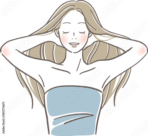 目を閉じて髪をかきあげる女性