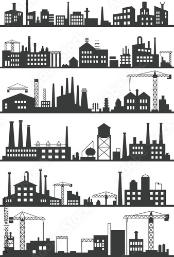Industrial factory skyline, manufacturing plant silhouette, construction crane vector, power plant illustration, 