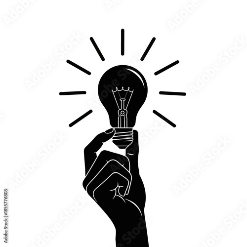 Hand holding lightbulb with rays of light symbolizing ideas and innovation