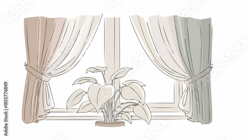 A potted houseplant sits on a windowsill with curtains drawn back.
