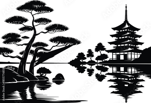 Japanese pagoda reflection, traditional temple landscape, bonsai tree by lake, peaceful Zen garden scene, Asian culture design, serene nature illustration, calm scenery