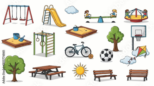 A collection of colorful playground equipment and park elements for childrens outdoor fun.